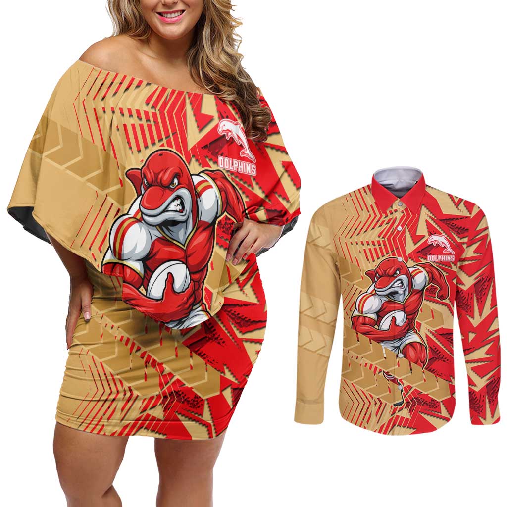 Dolphins Rugby Couples Matching Off Shoulder Short Dress and Long Sleeve Button Shirt Fierce Mascot Geometric Tribal Art