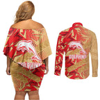 Dolphins Rugby Couples Matching Off Shoulder Short Dress and Long Sleeve Button Shirt Fierce Mascot Geometric Tribal Art