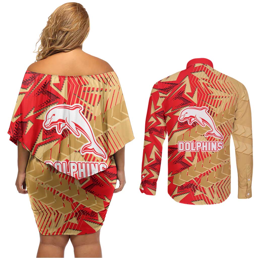 Dolphins Rugby Couples Matching Off Shoulder Short Dress and Long Sleeve Button Shirt Fierce Mascot Geometric Tribal Art