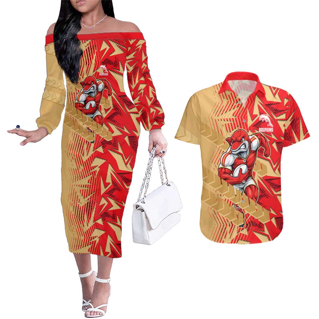 Dolphins Rugby Couples Matching Off The Shoulder Long Sleeve Dress and Hawaiian Shirt Fierce Mascot Geometric Tribal Art