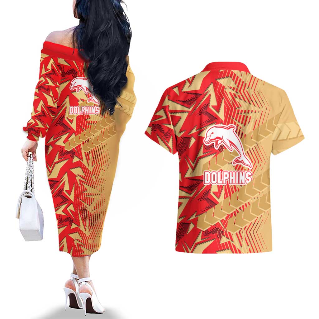 Dolphins Rugby Couples Matching Off The Shoulder Long Sleeve Dress and Hawaiian Shirt Fierce Mascot Geometric Tribal Art