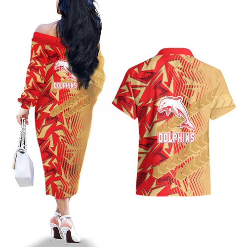Dolphins Rugby Couples Matching Off The Shoulder Long Sleeve Dress and Hawaiian Shirt Fierce Mascot Geometric Tribal Art