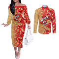 Dolphins Rugby Couples Matching Off The Shoulder Long Sleeve Dress and Long Sleeve Button Shirt Fierce Mascot Geometric Tribal Art