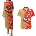 Dolphins Rugby Couples Matching Puletasi and Hawaiian Shirt Fierce Mascot Geometric Tribal Art