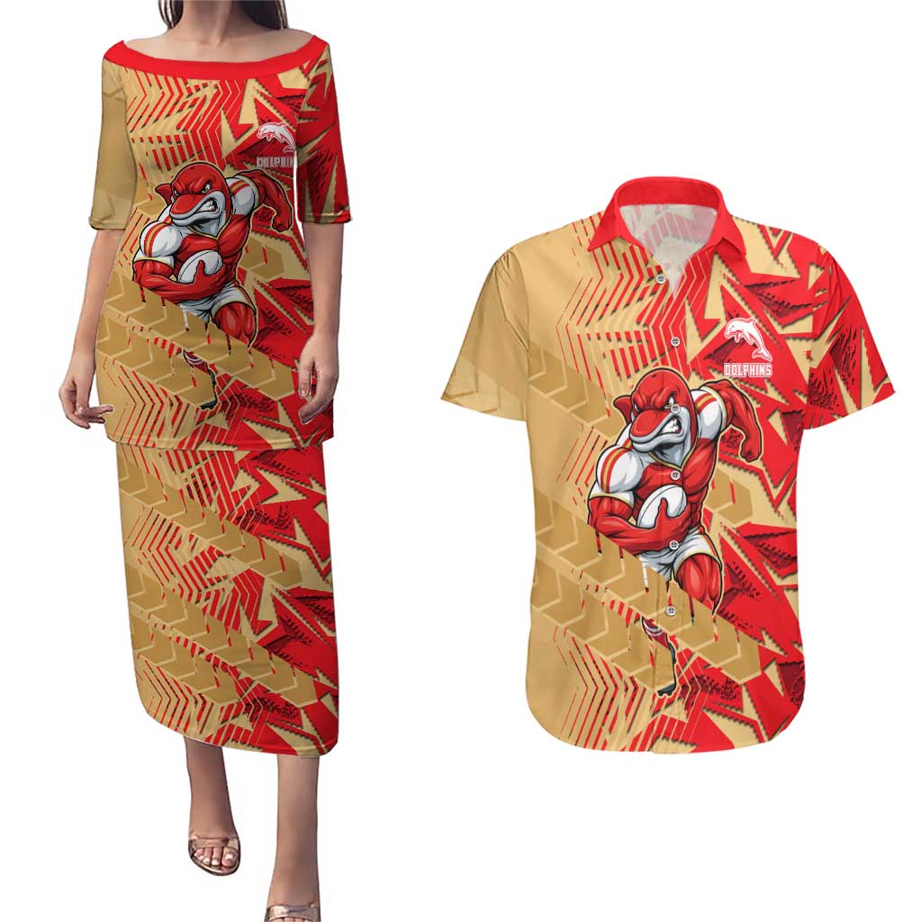 Dolphins Rugby Couples Matching Puletasi and Hawaiian Shirt Fierce Mascot Geometric Tribal Art