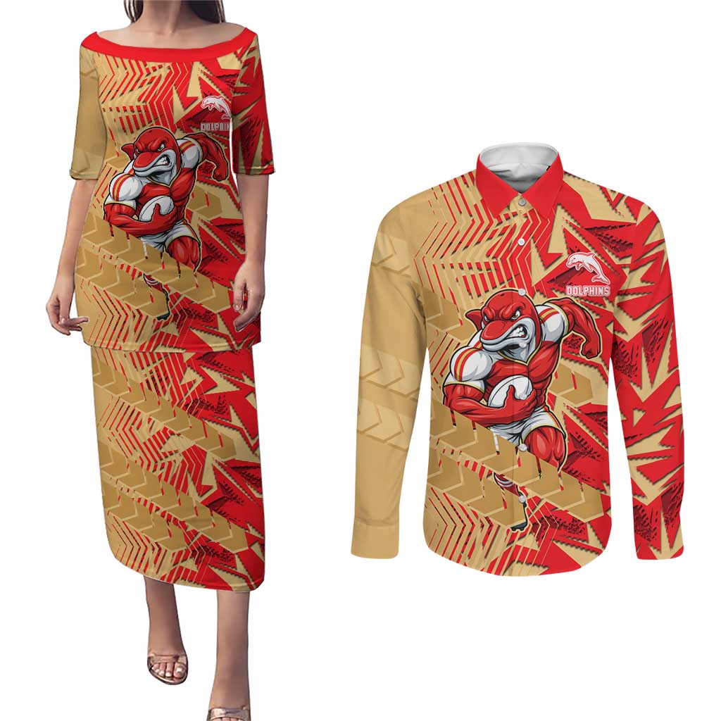 Dolphins Rugby Couples Matching Puletasi and Long Sleeve Button Shirt Fierce Mascot Geometric Tribal Art