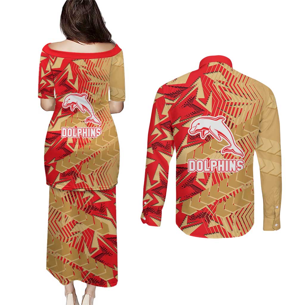 Dolphins Rugby Couples Matching Puletasi and Long Sleeve Button Shirt Fierce Mascot Geometric Tribal Art