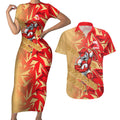 Dolphins Rugby Couples Matching Short Sleeve Bodycon Dress and Hawaiian Shirt Fierce Mascot Geometric Tribal Art