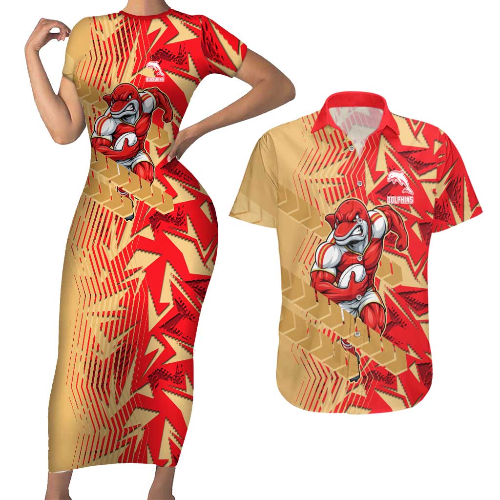 Dolphins Rugby Couples Matching Short Sleeve Bodycon Dress and Hawaiian Shirt Fierce Mascot Geometric Tribal Art