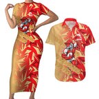 Dolphins Rugby Couples Matching Short Sleeve Bodycon Dress and Hawaiian Shirt Fierce Mascot Geometric Tribal Art
