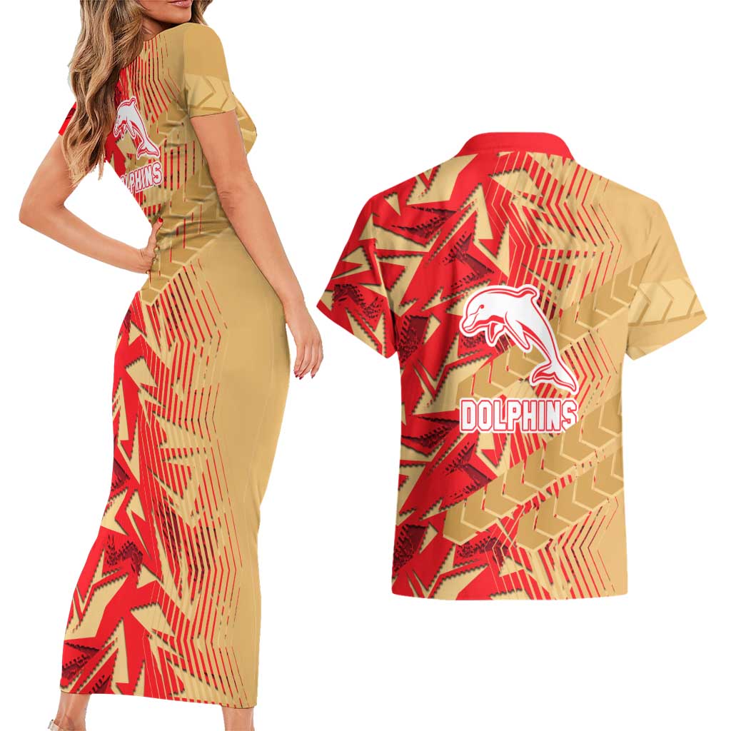 Dolphins Rugby Couples Matching Short Sleeve Bodycon Dress and Hawaiian Shirt Fierce Mascot Geometric Tribal Art