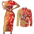 Dolphins Rugby Couples Matching Short Sleeve Bodycon Dress and Long Sleeve Button Shirt Fierce Mascot Geometric Tribal Art