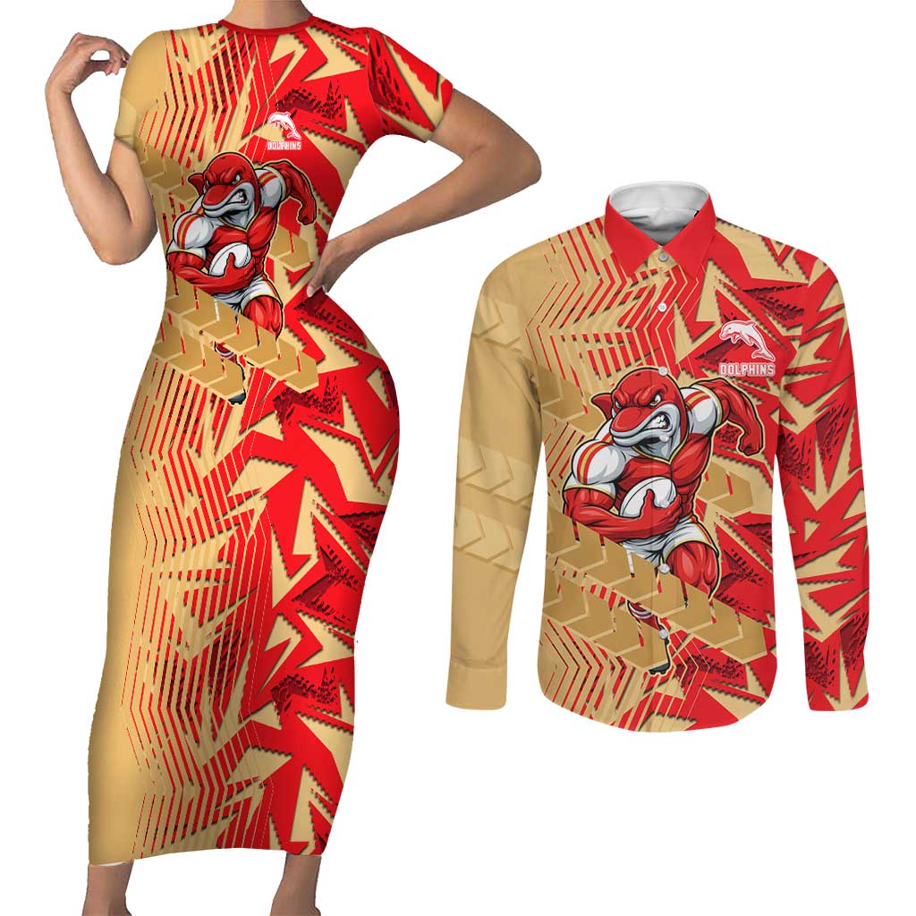Dolphins Rugby Couples Matching Short Sleeve Bodycon Dress and Long Sleeve Button Shirt Fierce Mascot Geometric Tribal Art