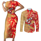 Dolphins Rugby Couples Matching Short Sleeve Bodycon Dress and Long Sleeve Button Shirt Fierce Mascot Geometric Tribal Art