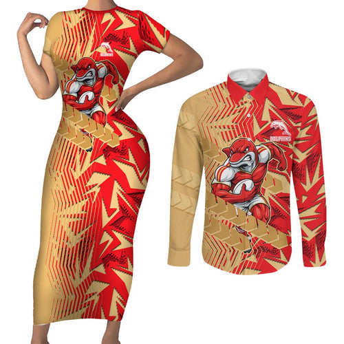 Dolphins Rugby Couples Matching Short Sleeve Bodycon Dress and Long Sleeve Button Shirt Fierce Mascot Geometric Tribal Art