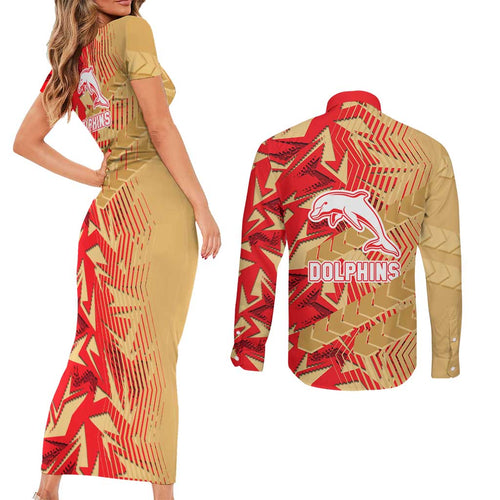 Dolphins Rugby Couples Matching Short Sleeve Bodycon Dress and Long Sleeve Button Shirt Fierce Mascot Geometric Tribal Art