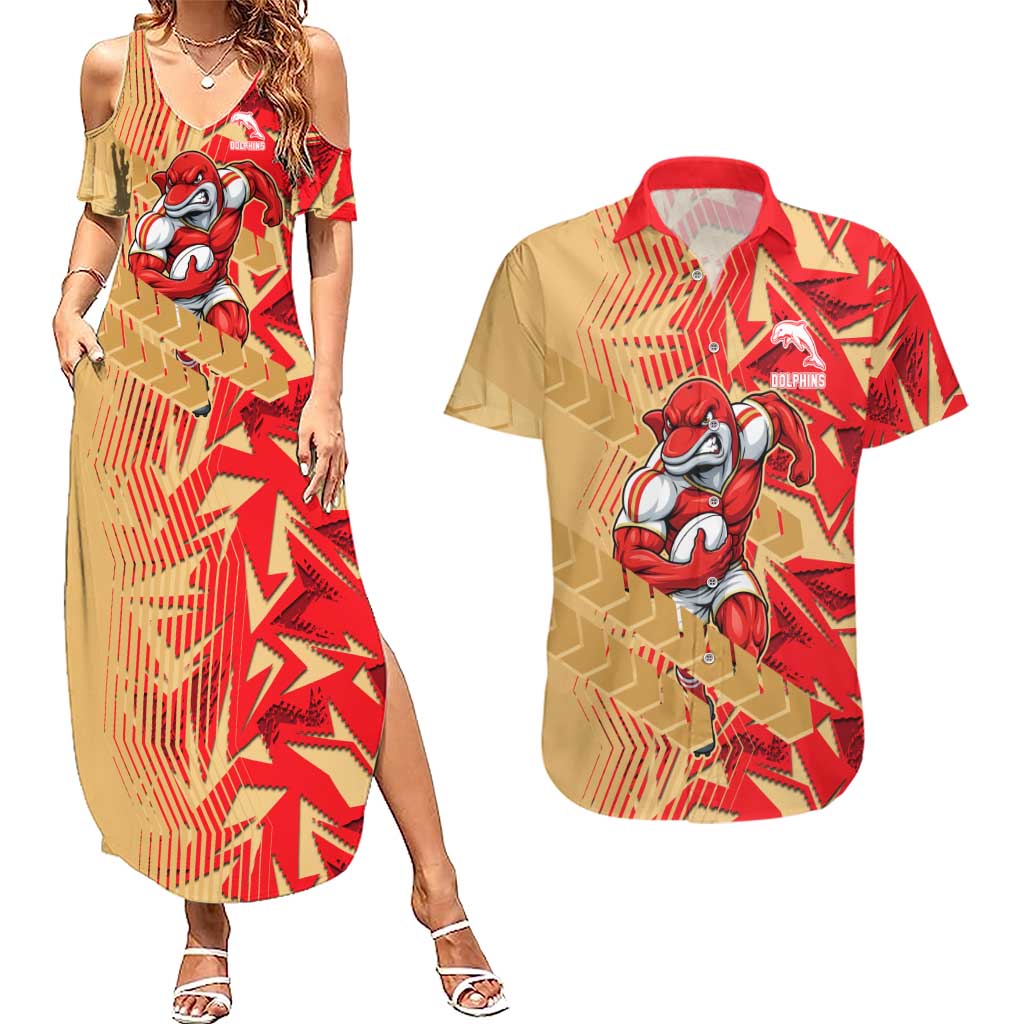 Dolphins Rugby Couples Matching Summer Maxi Dress and Hawaiian Shirt Fierce Mascot Geometric Tribal Art