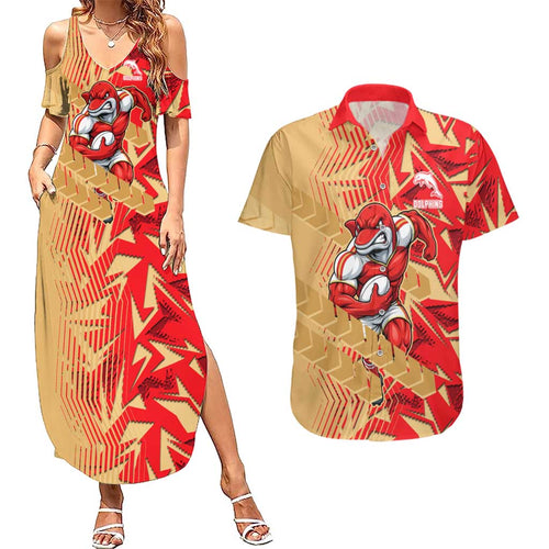 Dolphins Rugby Couples Matching Summer Maxi Dress and Hawaiian Shirt Fierce Mascot Geometric Tribal Art