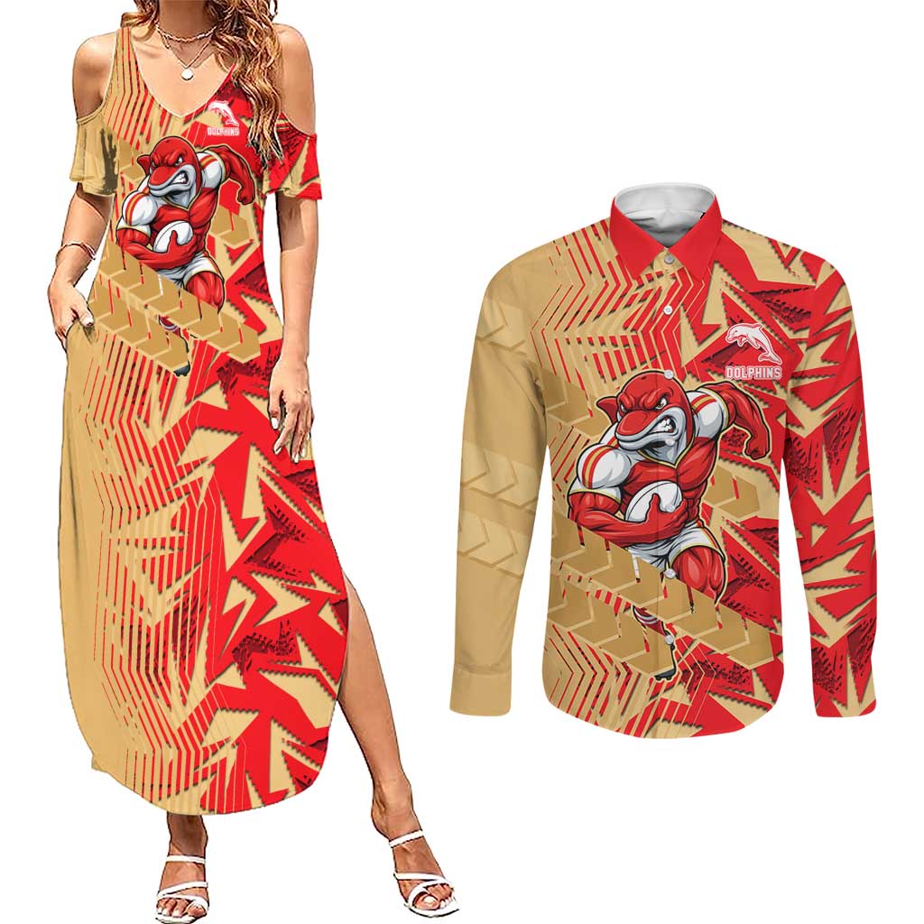 Dolphins Rugby Couples Matching Summer Maxi Dress and Long Sleeve Button Shirt Fierce Mascot Geometric Tribal Art