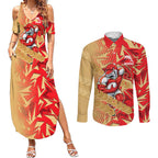 Dolphins Rugby Couples Matching Summer Maxi Dress and Long Sleeve Button Shirt Fierce Mascot Geometric Tribal Art