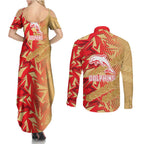 Dolphins Rugby Couples Matching Summer Maxi Dress and Long Sleeve Button Shirt Fierce Mascot Geometric Tribal Art