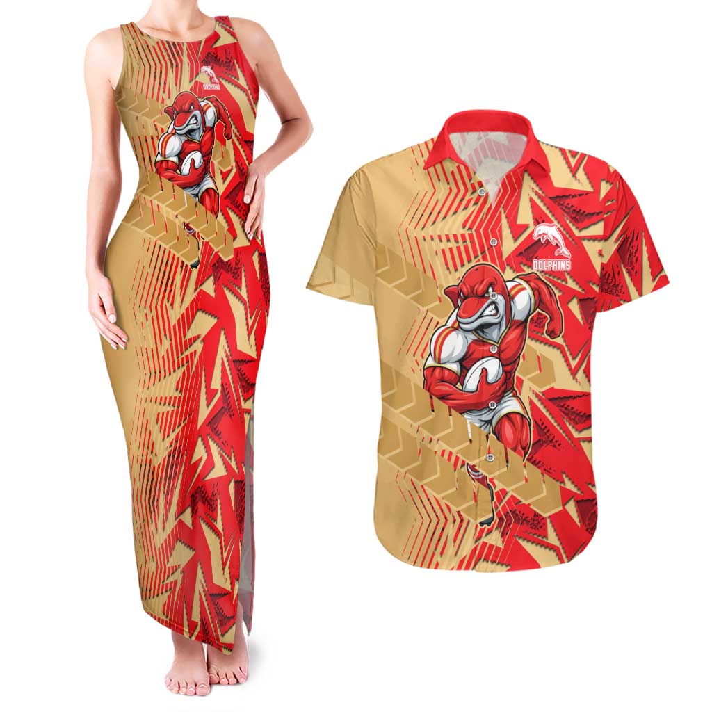 Dolphins Rugby Couples Matching Tank Maxi Dress and Hawaiian Shirt Fierce Mascot Geometric Tribal Art