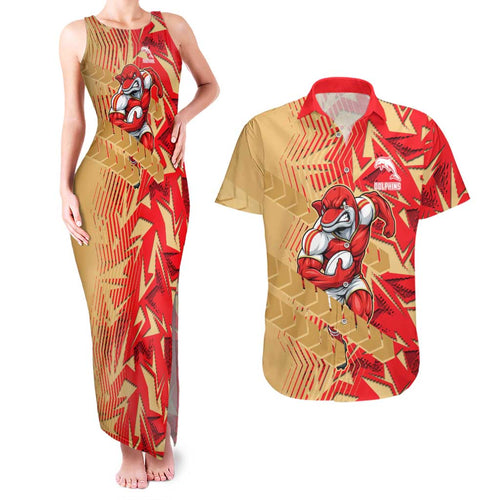 Dolphins Rugby Couples Matching Tank Maxi Dress and Hawaiian Shirt Fierce Mascot Geometric Tribal Art