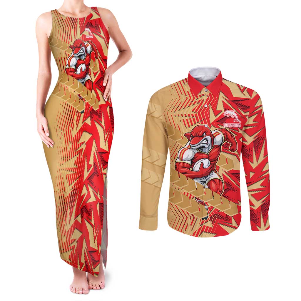 Dolphins Rugby Couples Matching Tank Maxi Dress and Long Sleeve Button Shirt Fierce Mascot Geometric Tribal Art