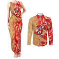 Dolphins Rugby Couples Matching Tank Maxi Dress and Long Sleeve Button Shirt Fierce Mascot Geometric Tribal Art