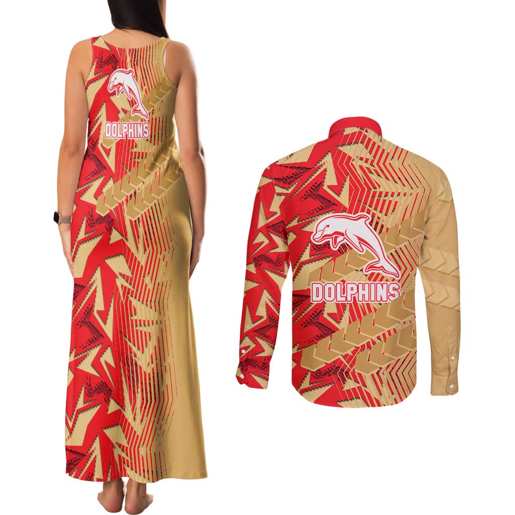 Dolphins Rugby Couples Matching Tank Maxi Dress and Long Sleeve Button Shirt Fierce Mascot Geometric Tribal Art