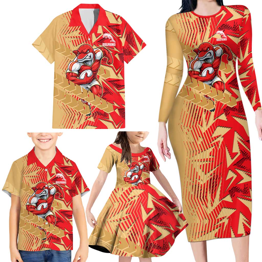 Dolphins Rugby Family Matching Long Sleeve Bodycon Dress and Hawaiian Shirt Fierce Mascot Geometric Tribal Art