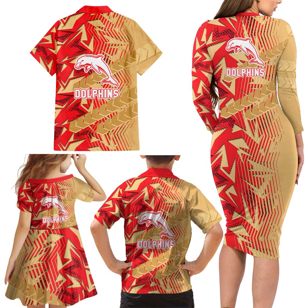 Dolphins Rugby Family Matching Long Sleeve Bodycon Dress and Hawaiian Shirt Fierce Mascot Geometric Tribal Art