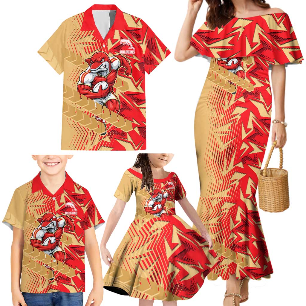 Dolphins Rugby Family Matching Mermaid Dress and Hawaiian Shirt Fierce Mascot Geometric Tribal Art