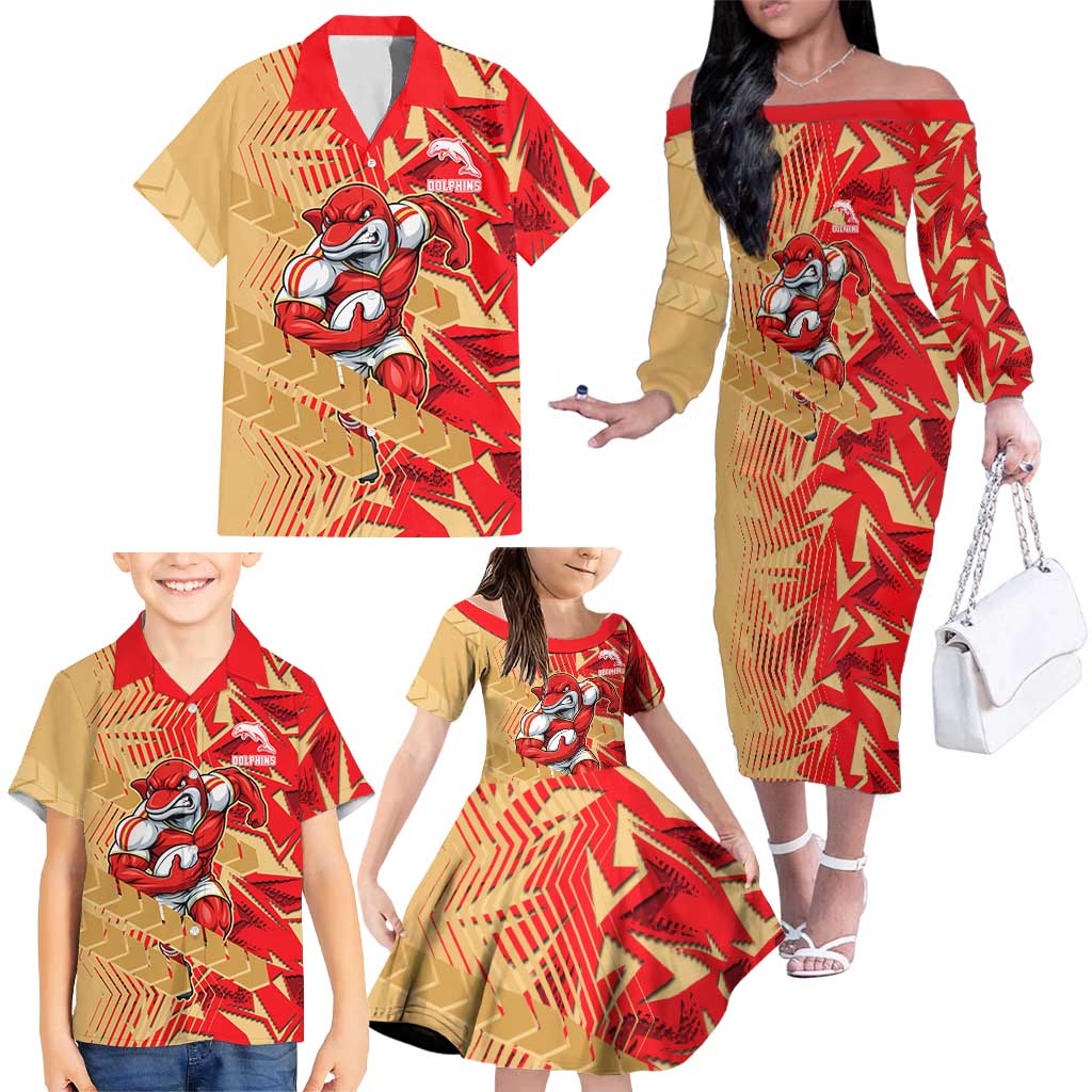 Dolphins Rugby Family Matching Off The Shoulder Long Sleeve Dress and Hawaiian Shirt Fierce Mascot Geometric Tribal Art