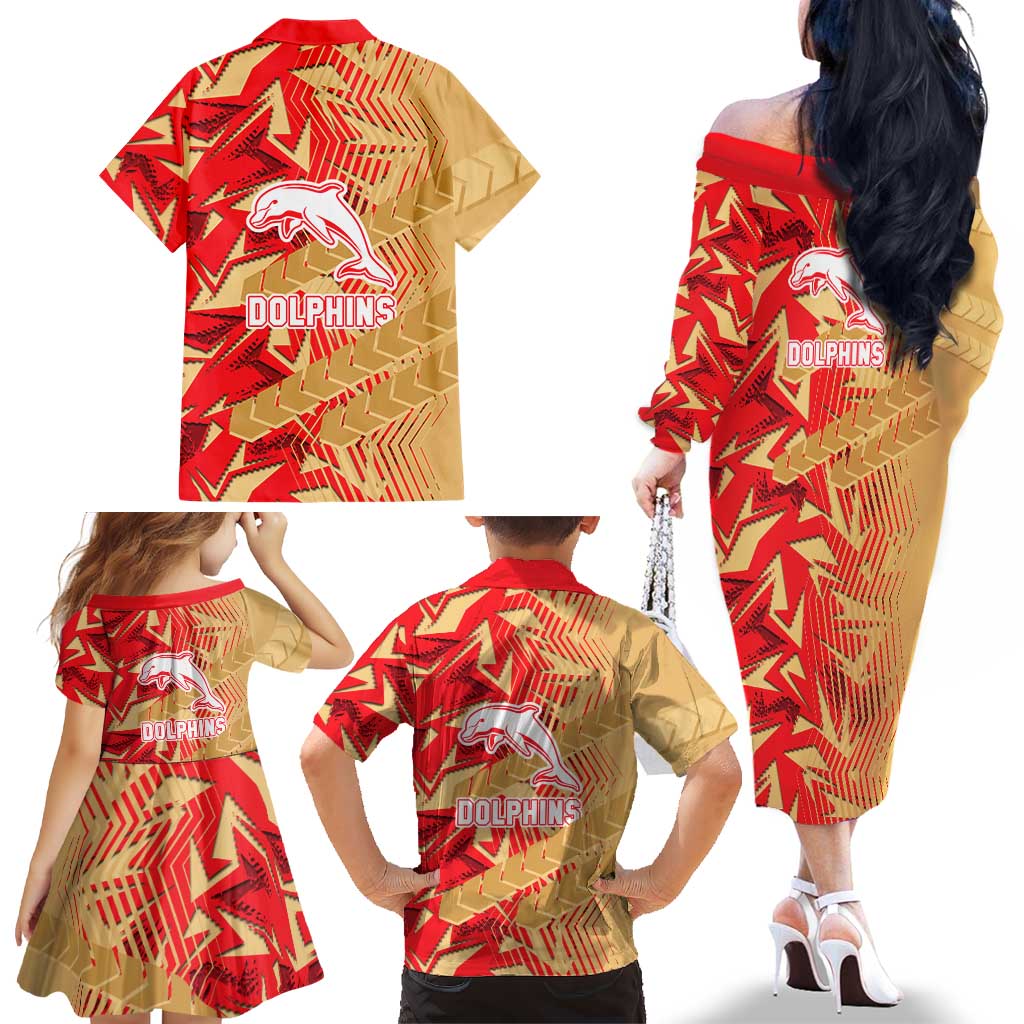 Dolphins Rugby Family Matching Off The Shoulder Long Sleeve Dress and Hawaiian Shirt Fierce Mascot Geometric Tribal Art
