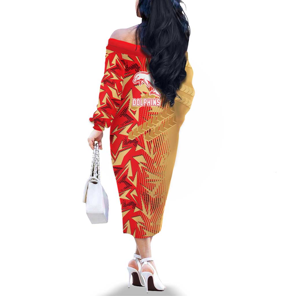 Dolphins Rugby Family Matching Off The Shoulder Long Sleeve Dress and Hawaiian Shirt Fierce Mascot Geometric Tribal Art
