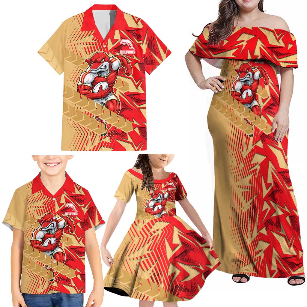 Dolphins Rugby Family Matching Off Shoulder Maxi Dress and Hawaiian Shirt Fierce Mascot Geometric Tribal Art