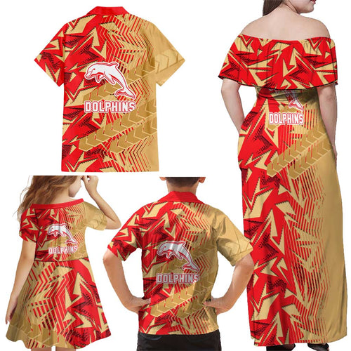 Dolphins Rugby Family Matching Off Shoulder Maxi Dress and Hawaiian Shirt Fierce Mascot Geometric Tribal Art