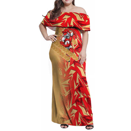 Dolphins Rugby Family Matching Off Shoulder Maxi Dress and Hawaiian Shirt Fierce Mascot Geometric Tribal Art