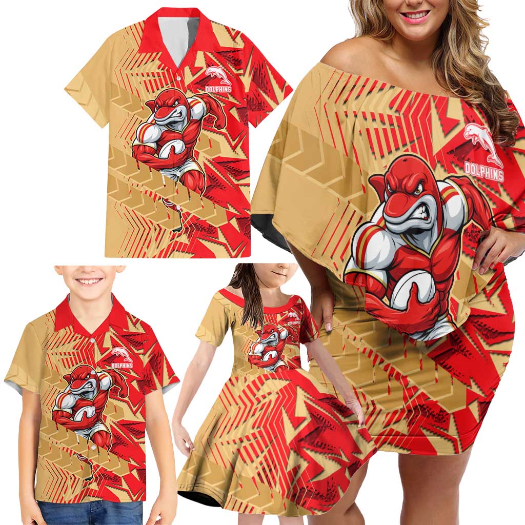 Dolphins Rugby Family Matching Off Shoulder Short Dress and Hawaiian Shirt Fierce Mascot Geometric Tribal Art