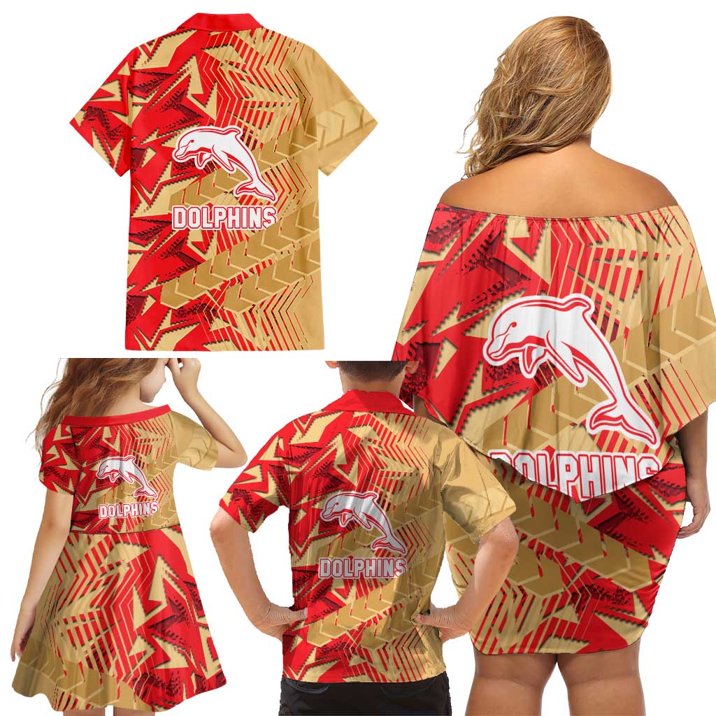 Dolphins Rugby Family Matching Off Shoulder Short Dress and Hawaiian Shirt Fierce Mascot Geometric Tribal Art