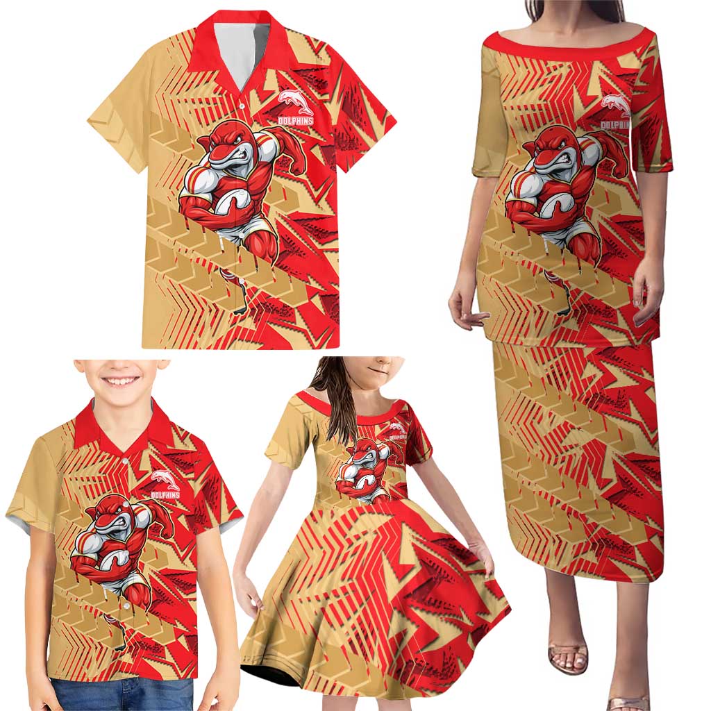 Dolphins Rugby Family Matching Puletasi and Hawaiian Shirt Fierce Mascot Geometric Tribal Art