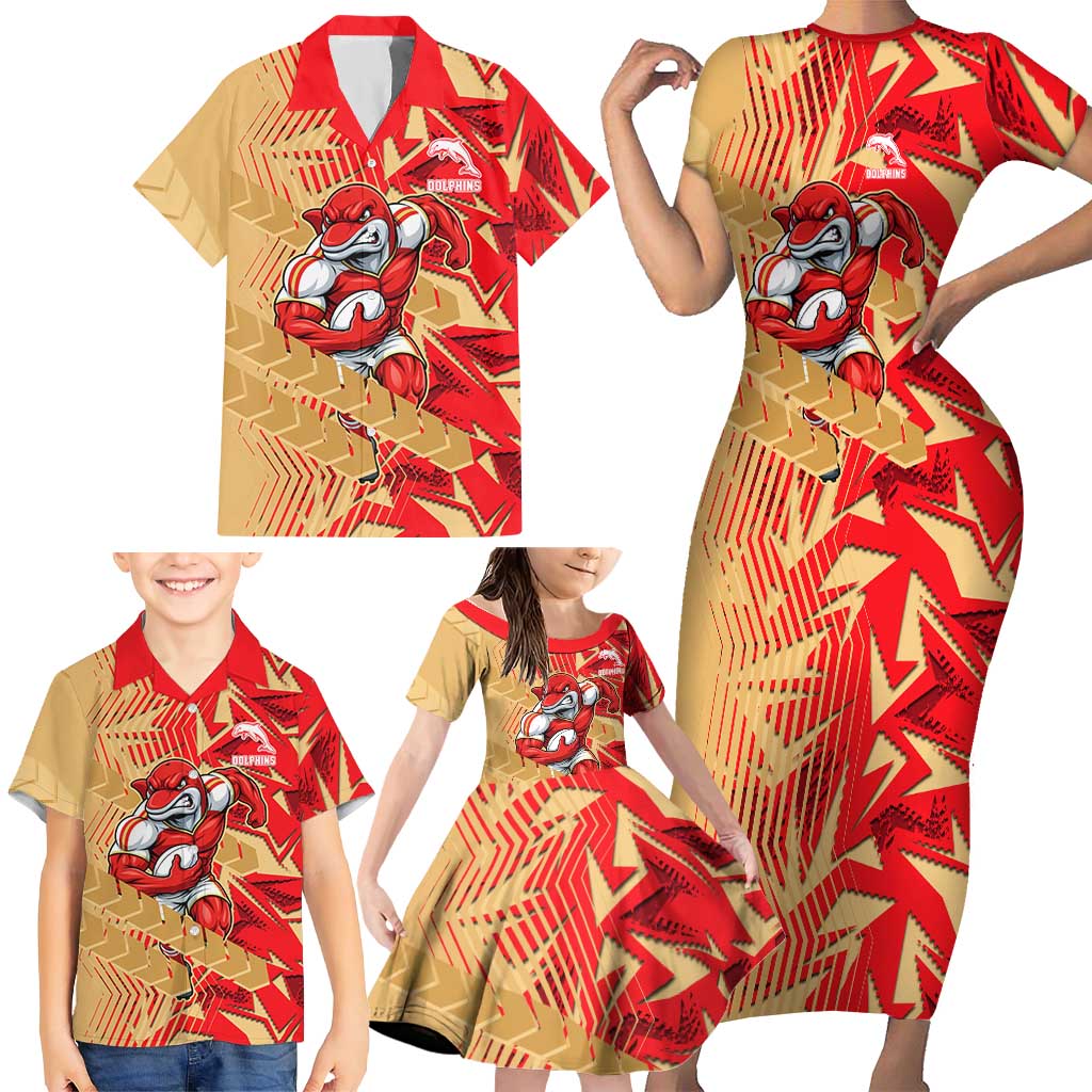 Dolphins Rugby Family Matching Short Sleeve Bodycon Dress and Hawaiian Shirt Fierce Mascot Geometric Tribal Art