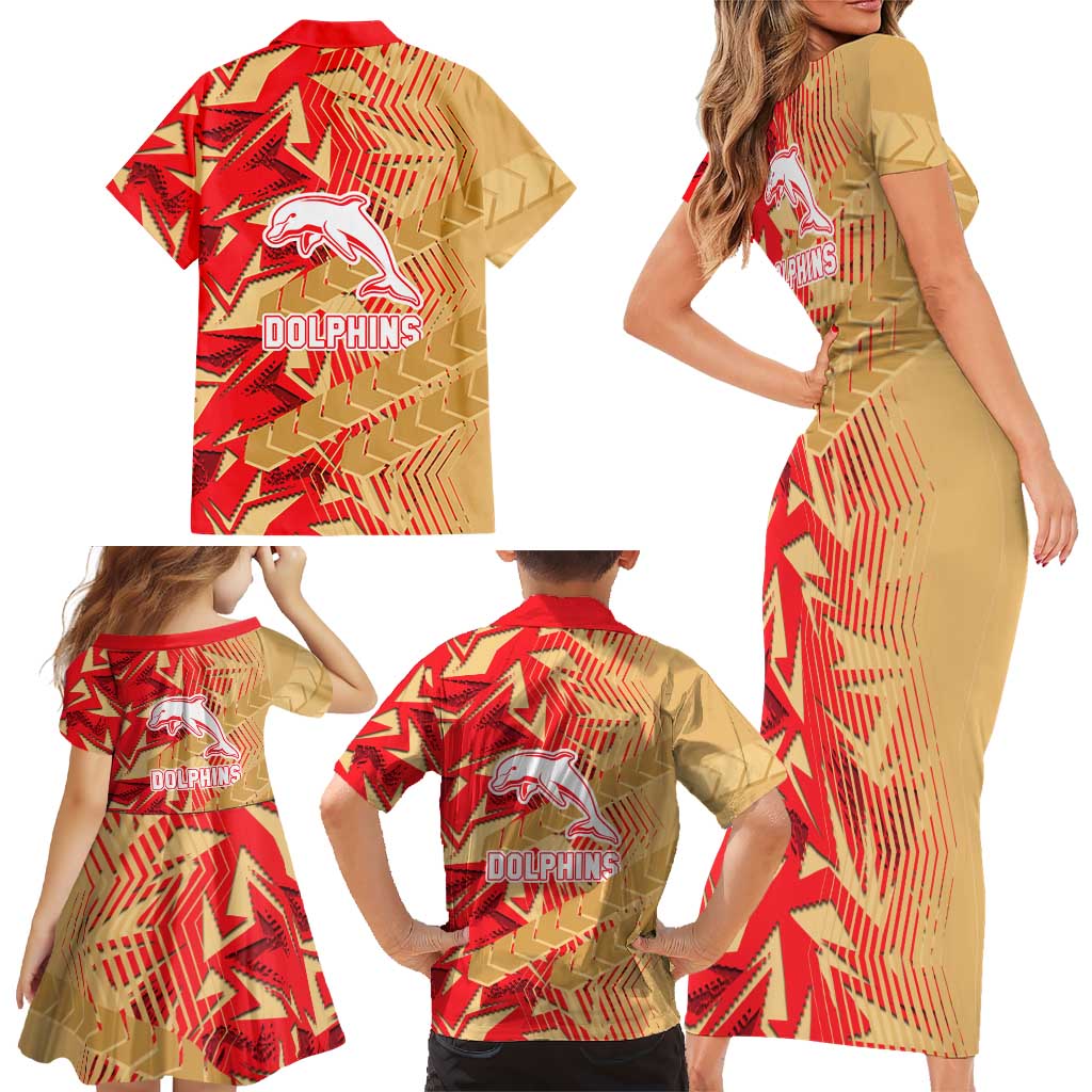 Dolphins Rugby Family Matching Short Sleeve Bodycon Dress and Hawaiian Shirt Fierce Mascot Geometric Tribal Art