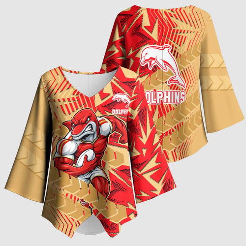 Dolphins Rugby Kimono Sleeve Blouse Fierce Mascot Geometric Tribal Art
