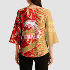 Dolphins Rugby Kimono Sleeve Blouse Fierce Mascot Geometric Tribal Art