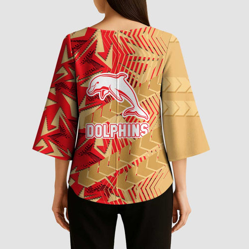 Dolphins Rugby Kimono Sleeve Blouse Fierce Mascot Geometric Tribal Art