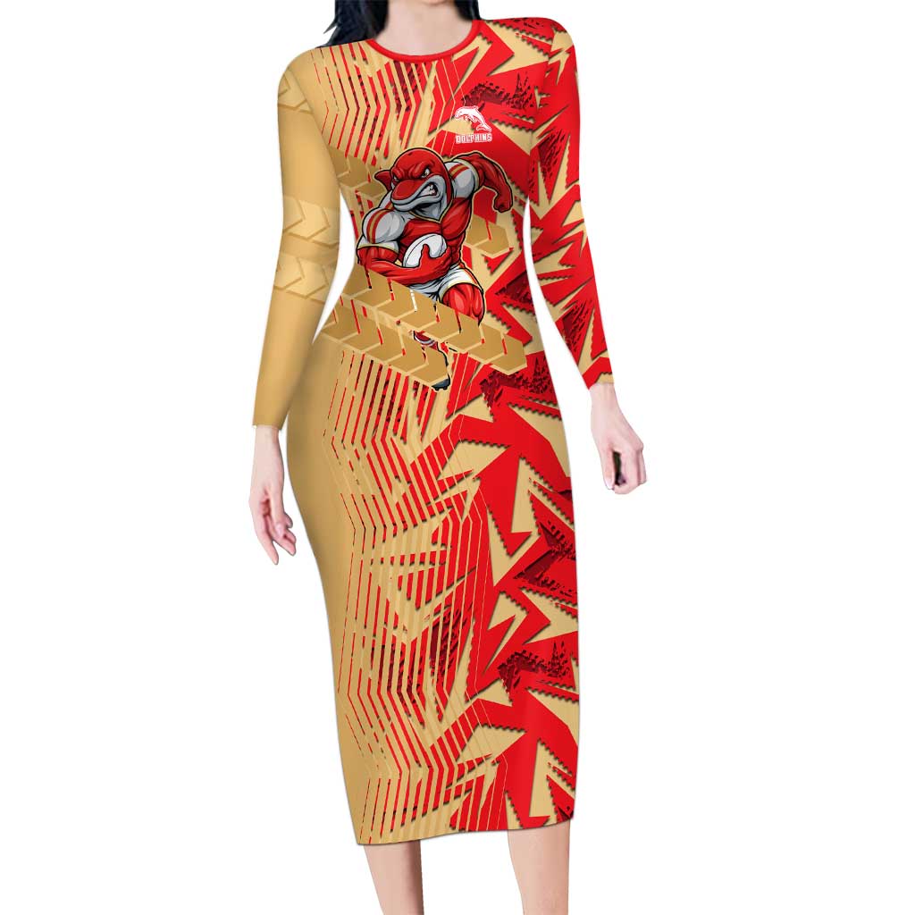 Dolphins Rugby Long Sleeve Bodycon Dress Fierce Mascot Geometric Tribal Art