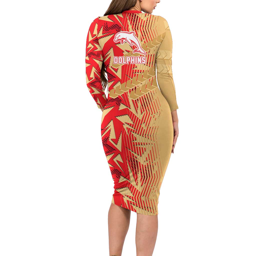 Dolphins Rugby Long Sleeve Bodycon Dress Fierce Mascot Geometric Tribal Art