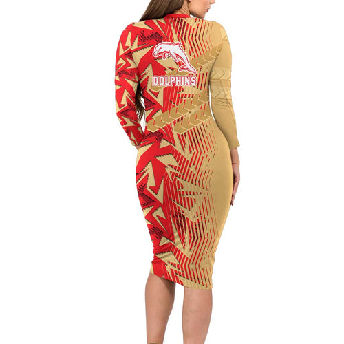 Dolphins Rugby Long Sleeve Bodycon Dress Fierce Mascot Geometric Tribal Art